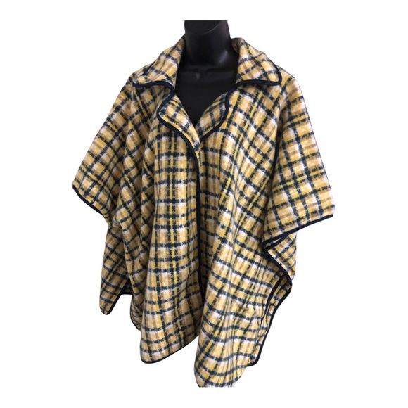 Andrew Marc New York yellow navy gingham tartan plaid poncho OS new - Picture 9 of 15